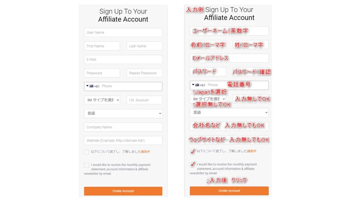 アフィリエイト登録の入力例