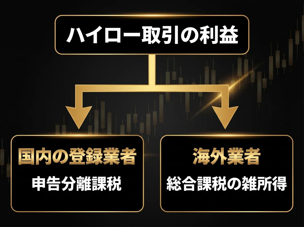 ハイロー取引の利益は国内の登録業者なら申告分離課税、海外業者なら総合課税の雑所得になることを示した図