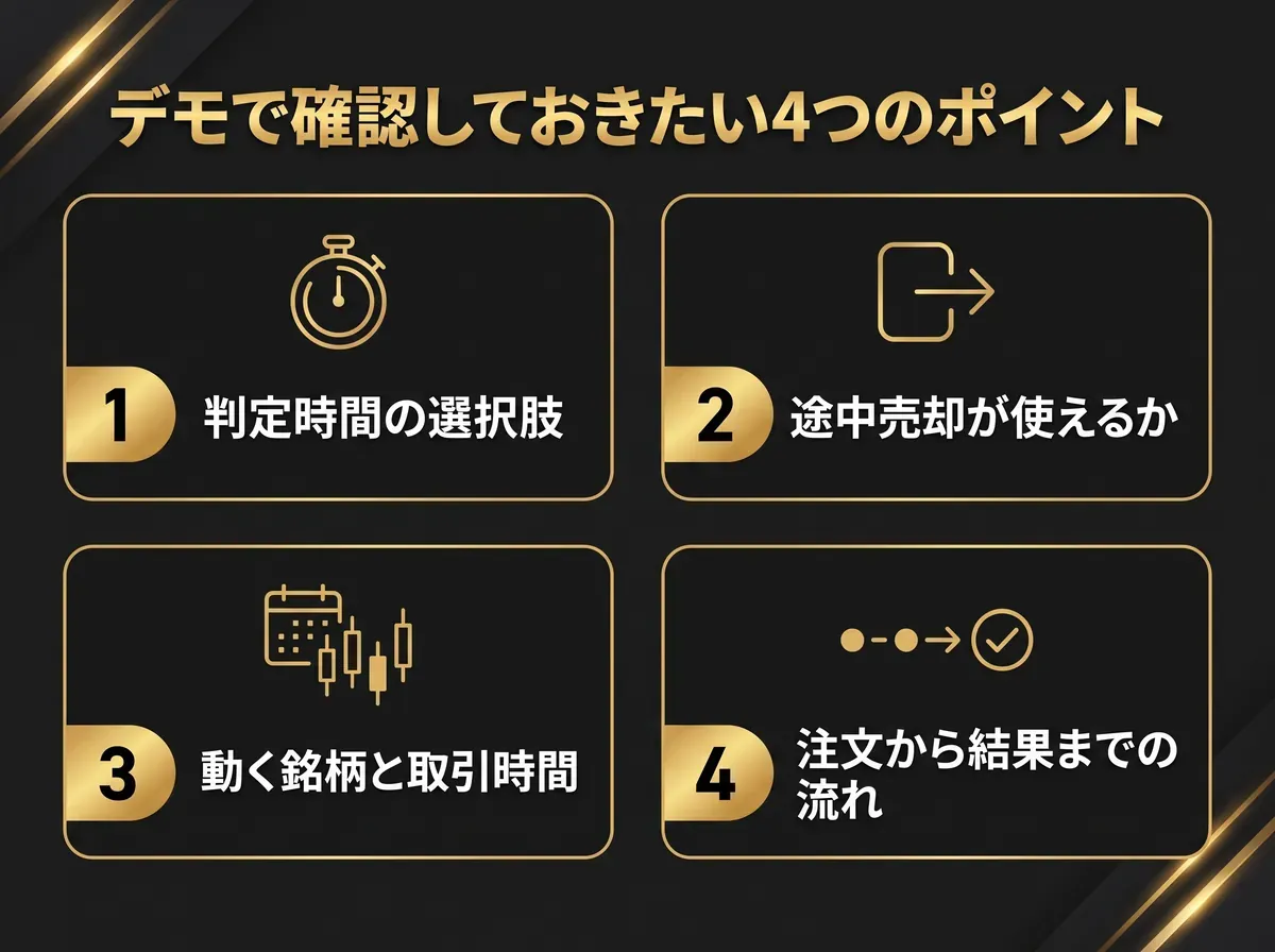 デモで確認しておきたい4つのポイント(判定時間・途中売却・銘柄と取引時間・注文の流れ)